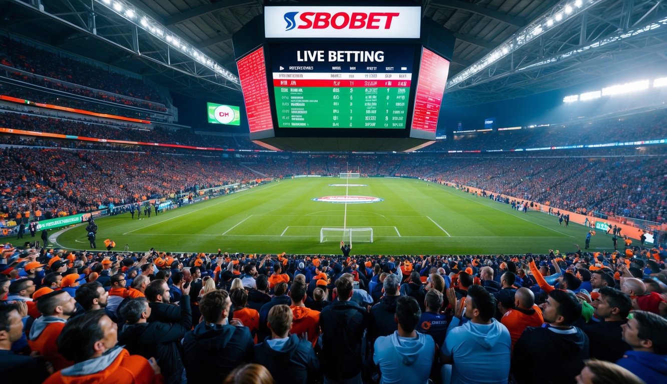 Sebuah stadion olahraga yang ramai dengan layar digital besar yang menampilkan odds taruhan langsung untuk Sbobet. Para penggemar bersorak dan menonton pertandingan.