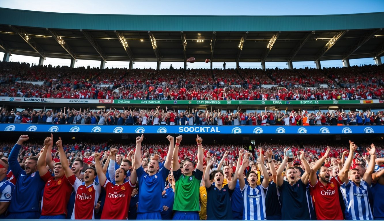 Sebuah stadion olahraga yang ramai dengan penggemar yang bersorak dan pemain yang sedang bertanding