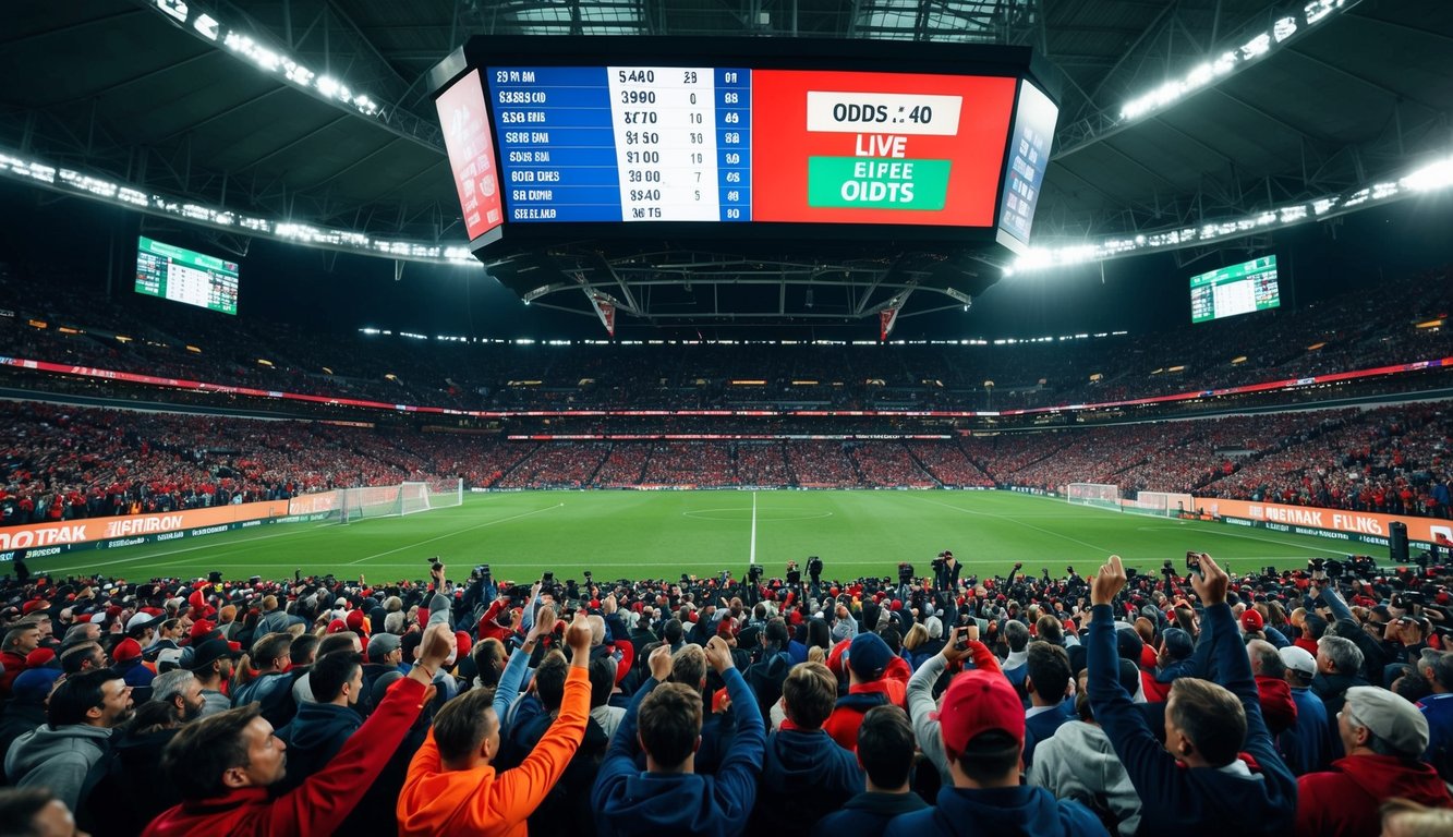 Sebuah stadion olahraga yang ramai dengan penggemar yang bersorak dan layar digital yang menampilkan peluang taruhan langsung