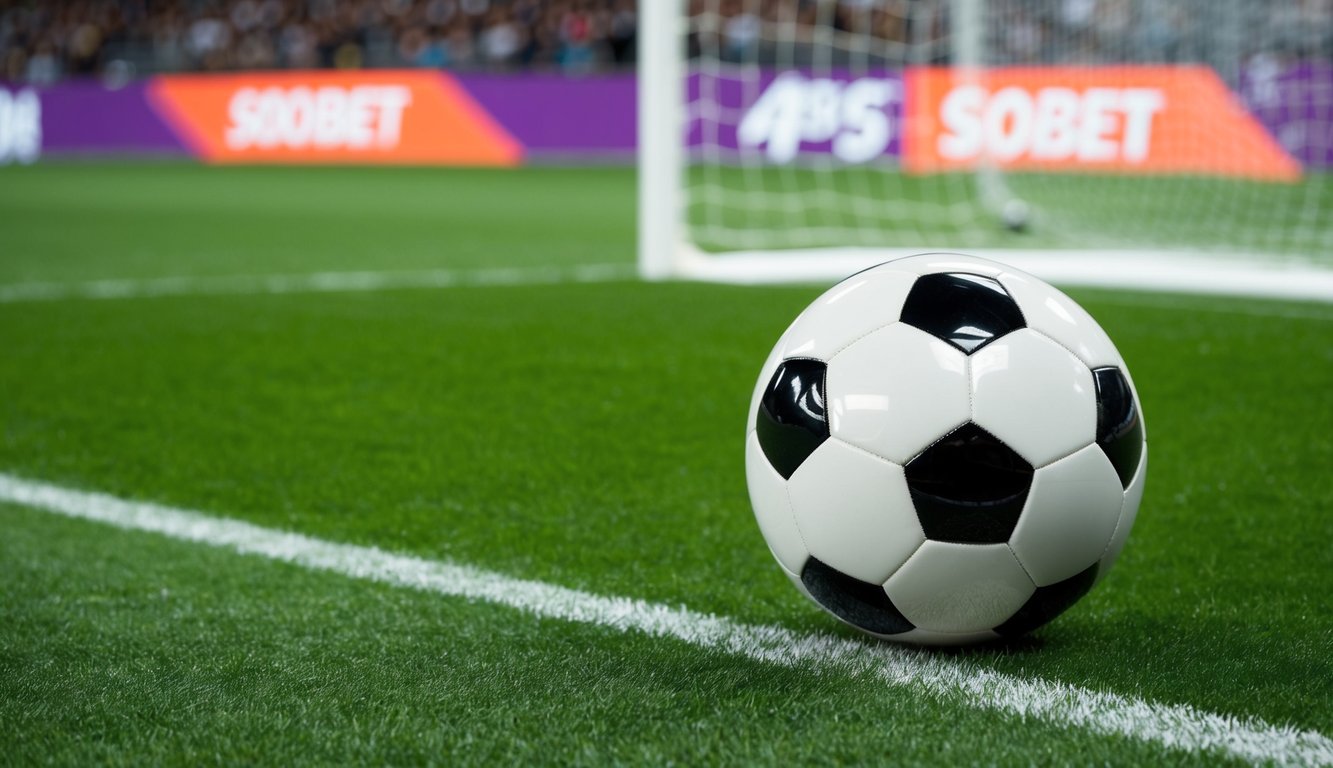 Sebuah bola sepak di lapangan hijau dengan gawang dan logo Sbobet