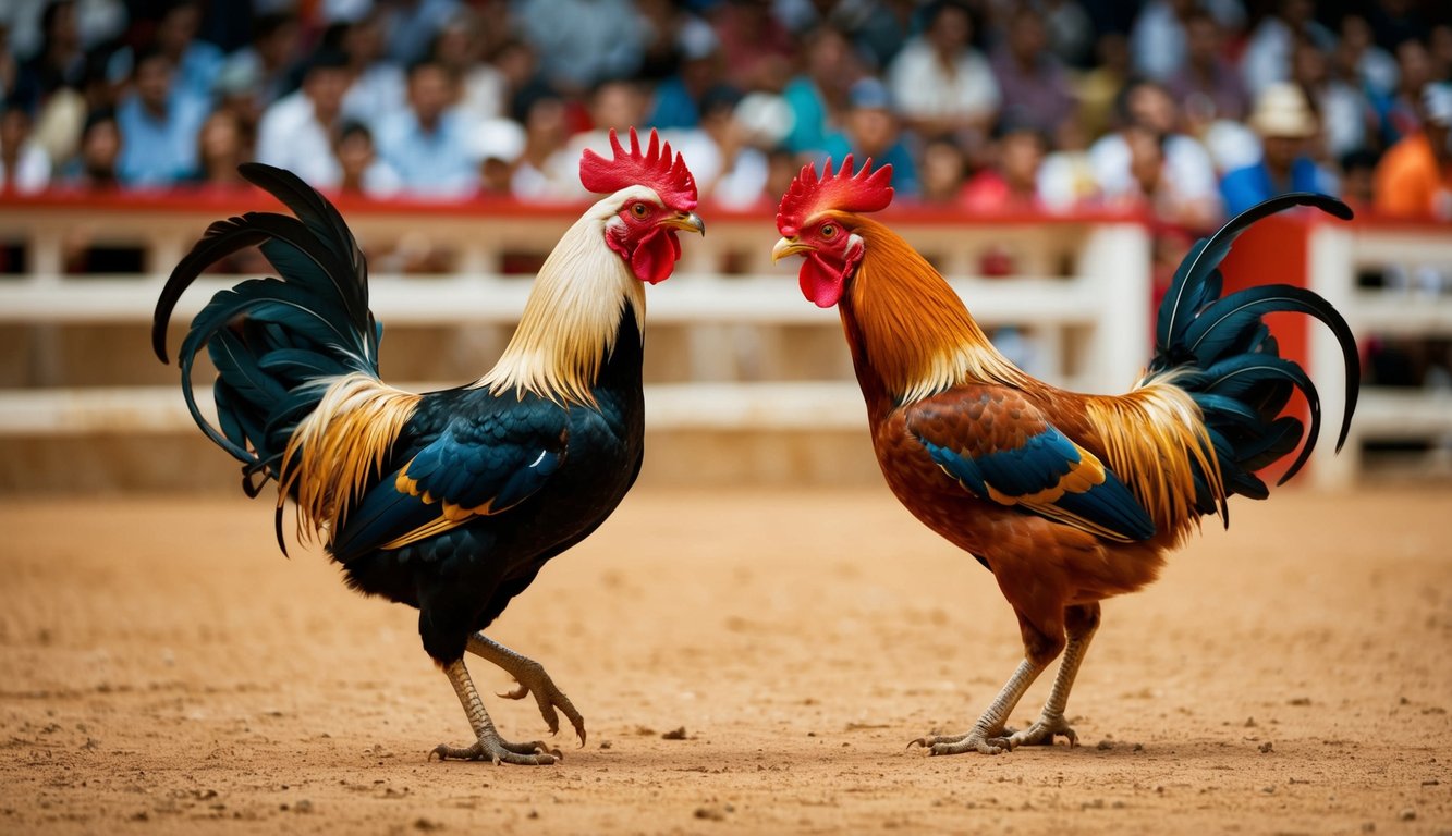 Sebuah arena yang ramai dengan dua ayam jantan yang berhadapan dalam acara sabung ayam tradisional