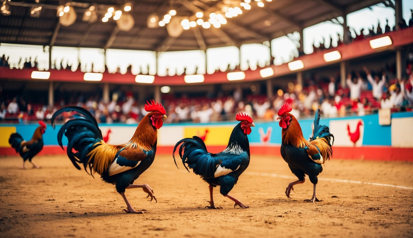 Sebuah arena sabung ayam yang hidup dan meriah dengan penonton yang bersorak dan ayam jantan berwarna-warni yang sedang bertanding