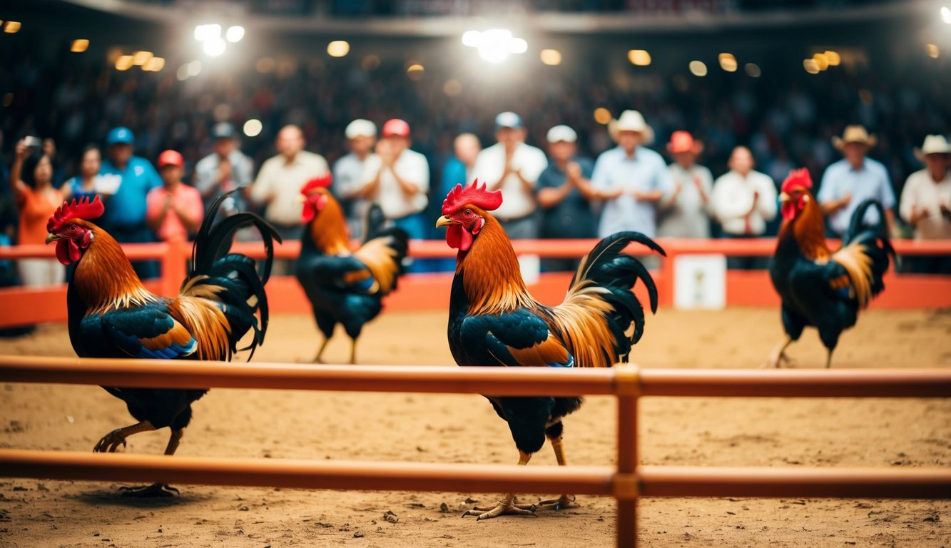 Sebuah arena sabung ayam resmi yang ramai dengan penonton yang bersorak dan ayam jantan berwarna-warni di dalam ring