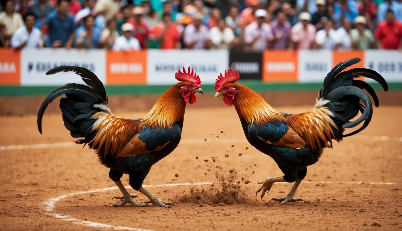 Sebuah arena yang ramai dengan penonton yang bersorak, dua ayam jantan berhadapan dalam pertarungan sengit, bulu-bulu beterbangan saat mereka bertarung dengan ganas dalam pertandingan sabung ayam tradisional.