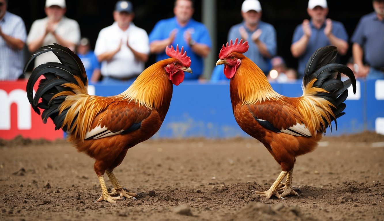 Dua ayam jantan berhadapan di sebuah lubang tanah yang dikelilingi oleh kerumunan yang bersorak