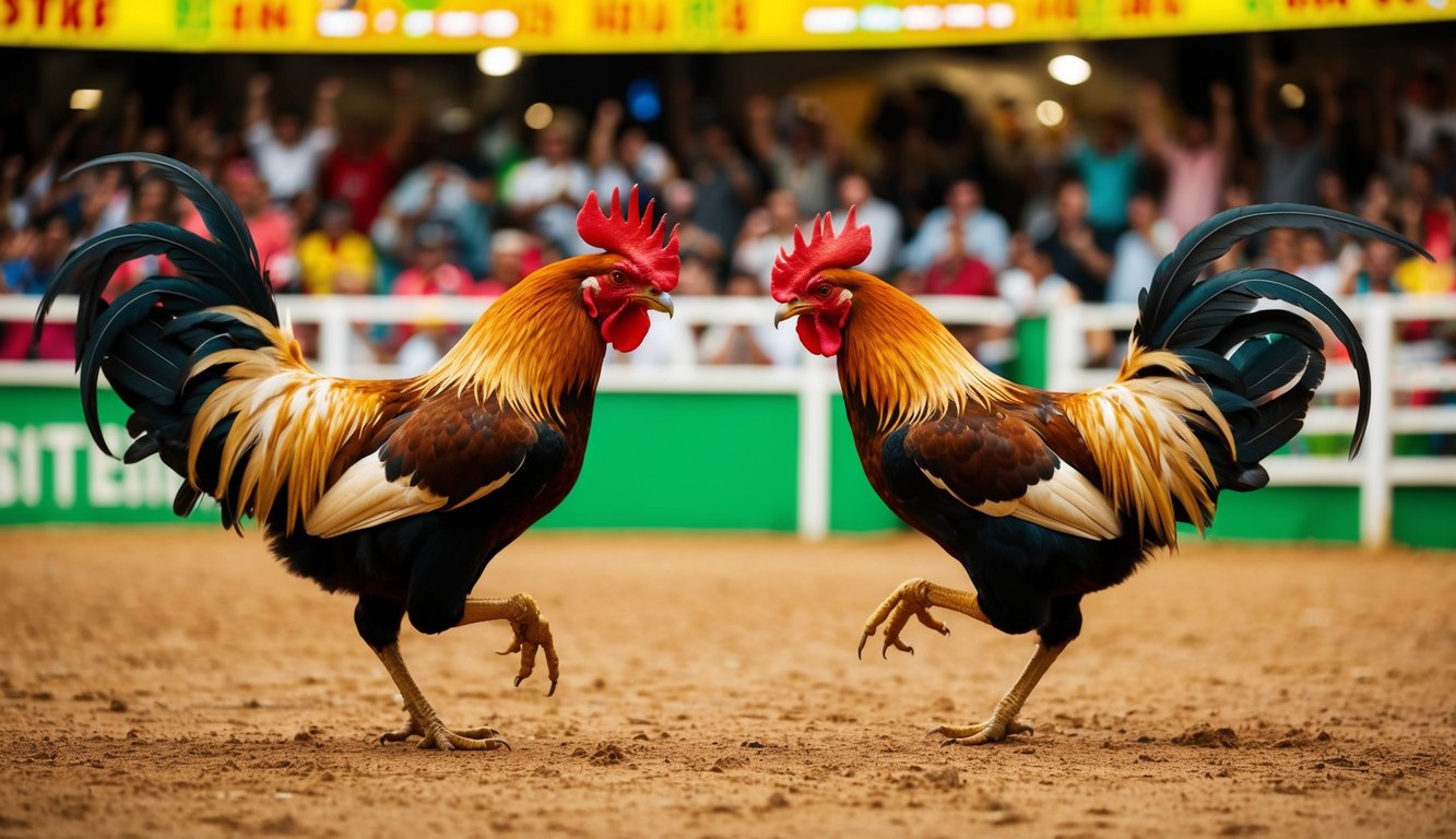 Sebuah arena yang hidup dengan dua ayam jantan yang saling berhadapan dalam pertarungan ayam yang sengit dan intens. Kerumunan bersorak dan taruhan dipasang saat pertunjukan berlangsung.