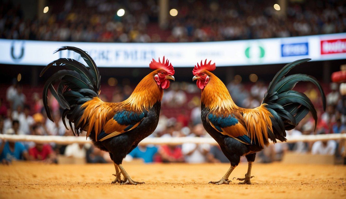 Sebuah arena yang ramai dengan dua ayam jantan berhadapan dalam pertarungan ayam yang disiarkan langsung