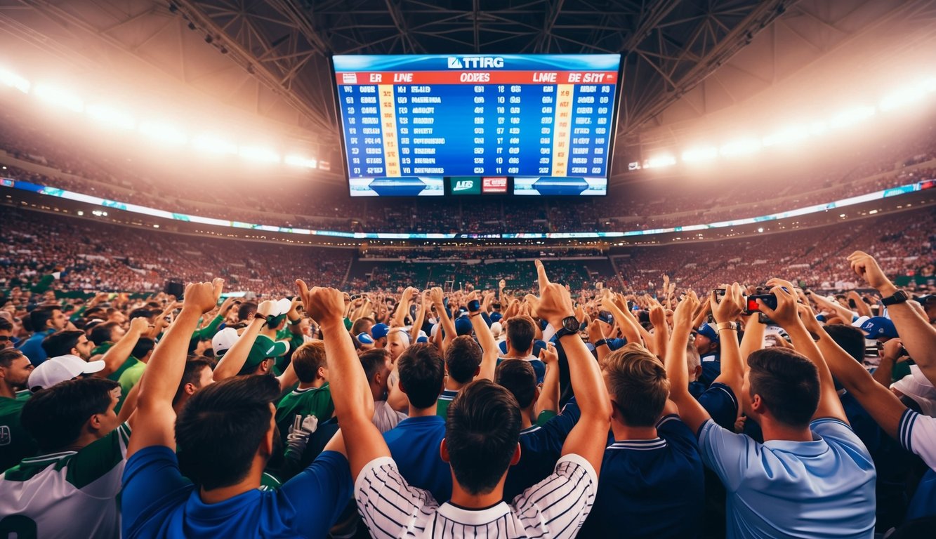 Sebuah stadion olahraga yang ramai dengan penggemar yang bersorak dan layar digital yang menampilkan peluang taruhan langsung