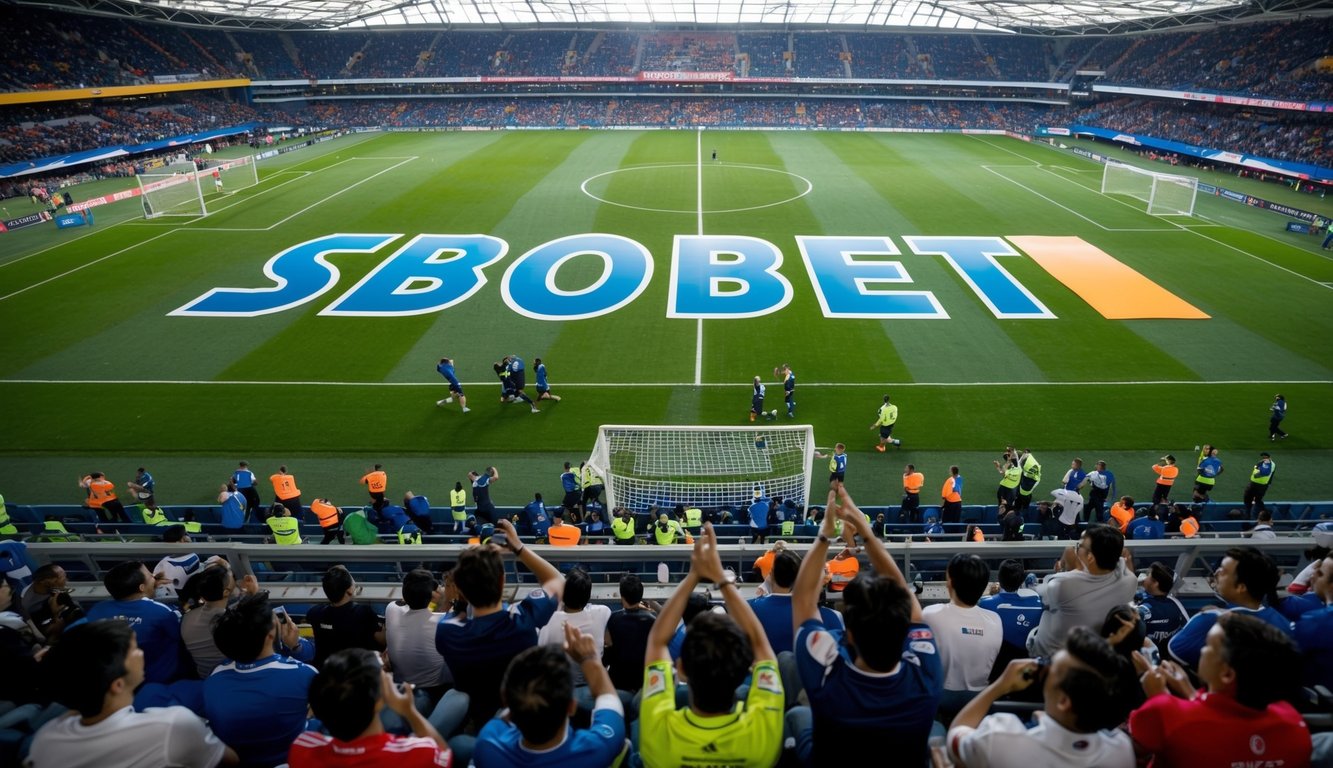 Sebuah stadion olahraga yang ramai dengan logo Sbobet besar yang ditampilkan secara mencolok di platform. Para penggemar bersorak dan memasang taruhan pada pertandingan sepak bola.