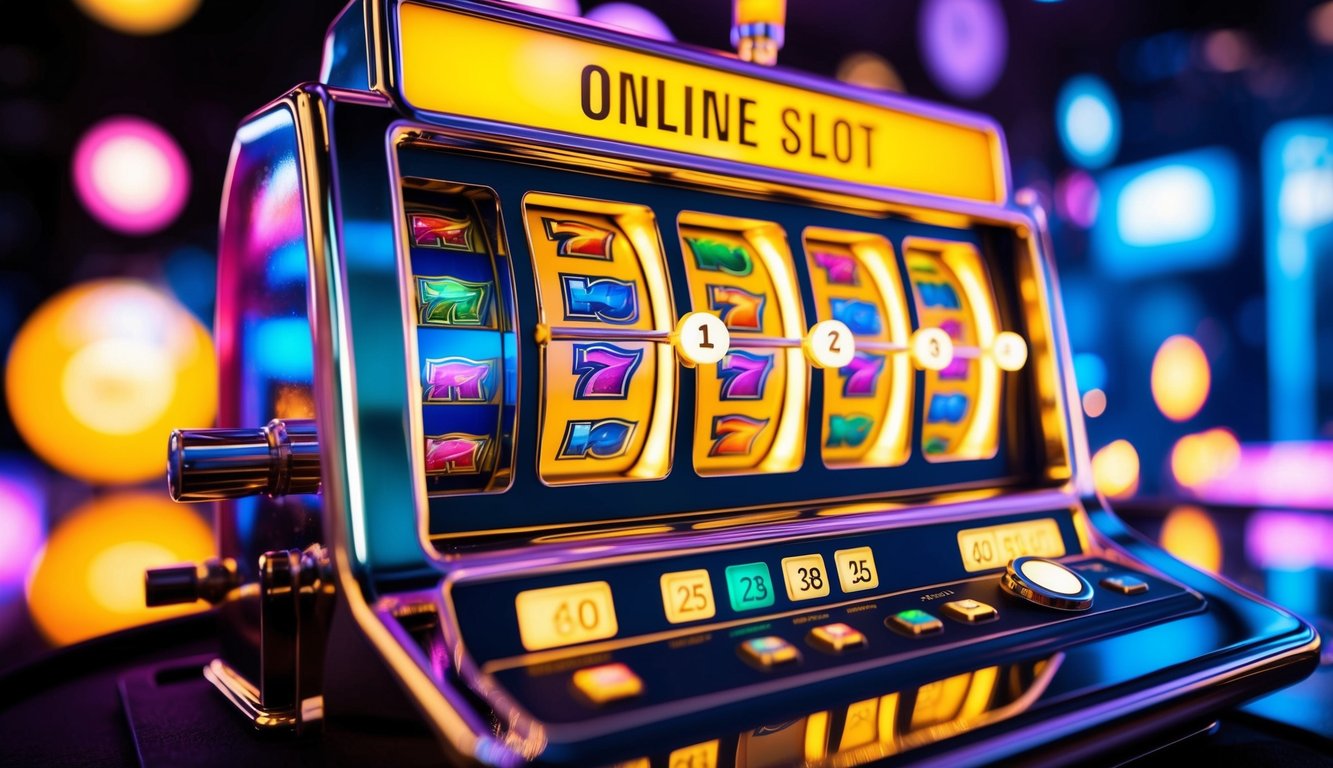 Sebuah mesin slot online yang berwarna-warni dan penuh semangat dikelilingi oleh cahaya dan simbol yang bersinar, dengan suasana kegembiraan dan antisipasi di udara.