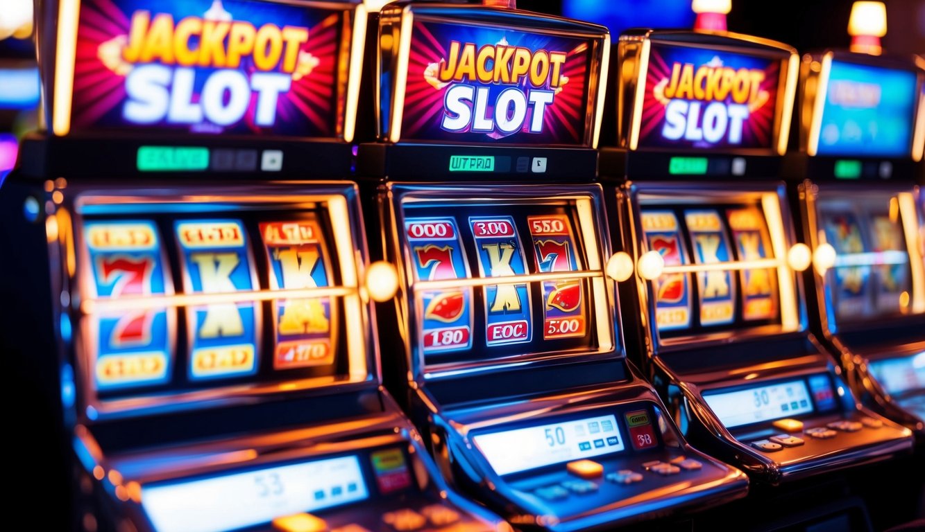 Mesin slot online yang cerah dengan lampu berkedip dan tampilan jackpot besar