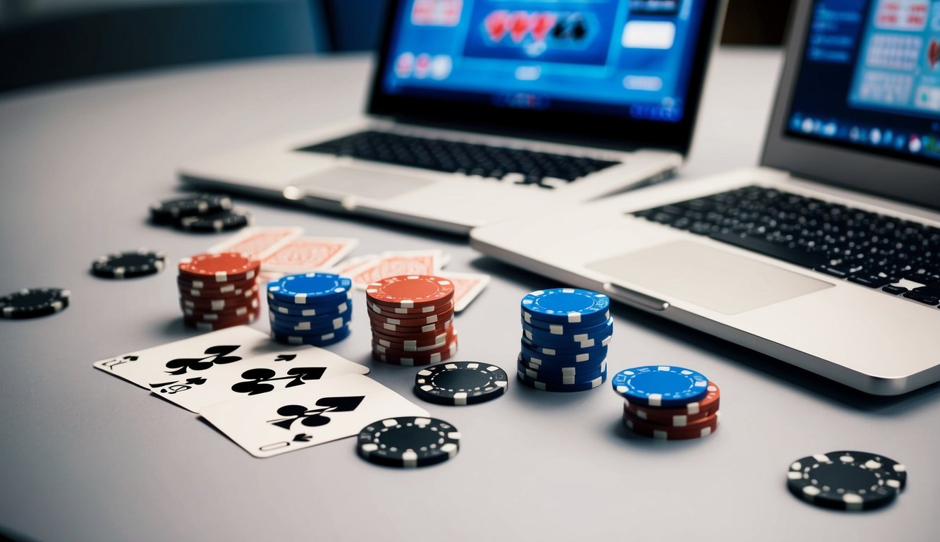 Sekelompok chip poker dan kartu bermain tersebar di atas meja modern yang ramping, dengan laptop terbuka pada permainan poker online