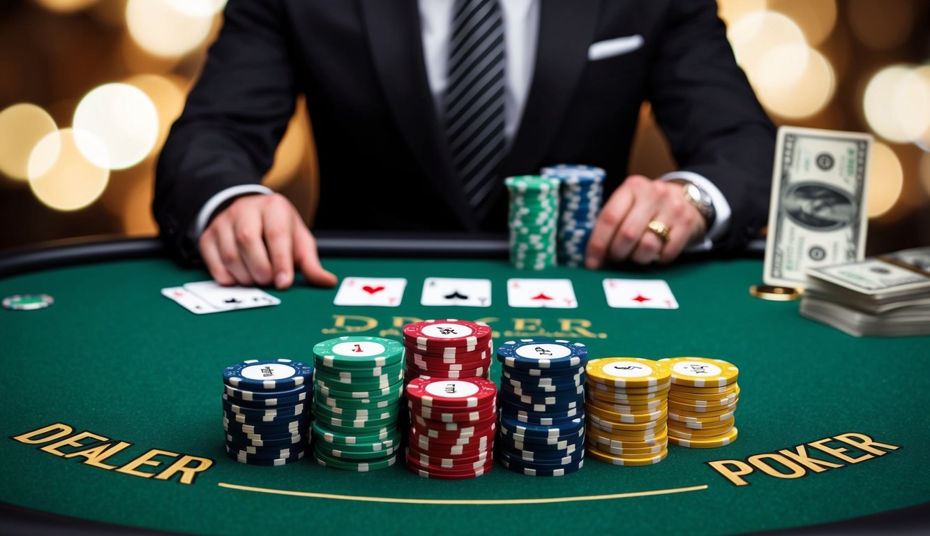 Sekelompok chip poker dan kartu yang disusun di atas meja felt hijau dengan tombol dealer dan tumpukan uang tunai di latar belakang