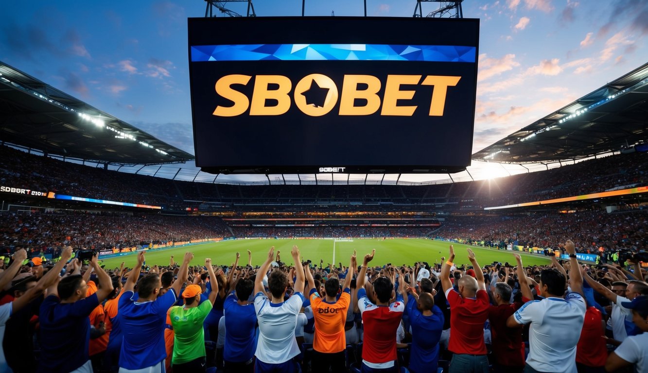 Sebuah stadion olahraga yang ramai dengan penggemar yang bersorak dan papan skor yang menampilkan logo Sbobet