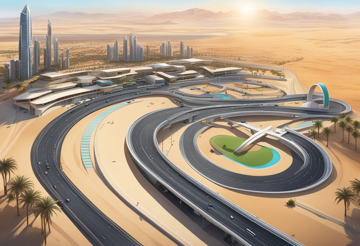 The dubai autodrome: a premier motorsport destination in the uae 2 The dubai autodrome: a sprawling race track with sleek, modern buildings and a backdrop of desert sand and palm trees