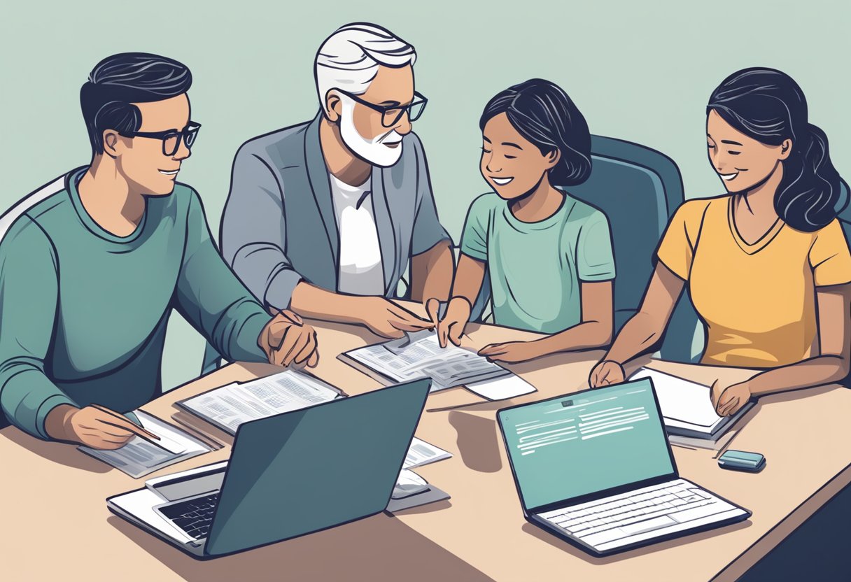 A family sitting around a table, each member contributing to a financial plan. A laptop displaying DTC guidelines and an RDSP account booklet are on the table