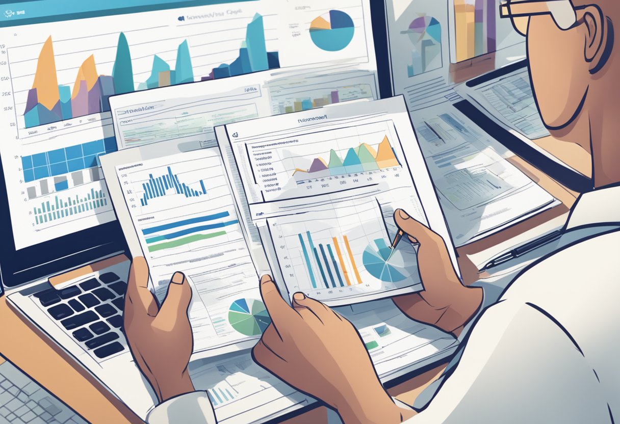 A person researching investment strategies while holding a document outlining the Disability Tax Credit. They are surrounded by financial charts and graphs