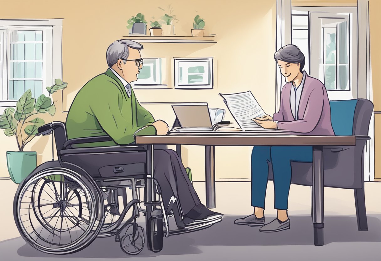 A person with a disability consults with a financial advisor, discussing estate planning and using the Disability Tax Credit to maximize their Registered Disability Savings Plan