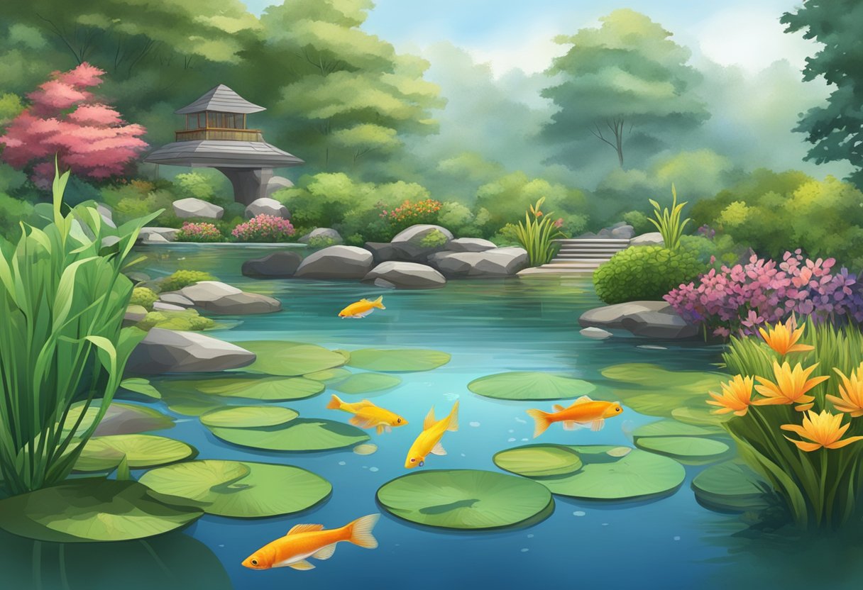 A serene pond with lush aquatic plants, clear water, and colorful fish swimming gracefully. A professional contractor carefully maintains the ecosystem