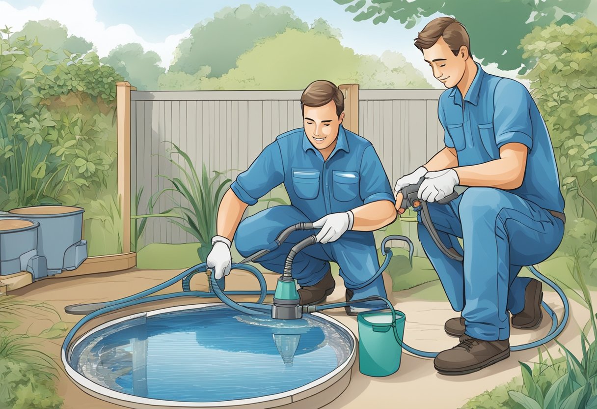 A professional installer from Aqua Pond Ltd is seen installing an Oase pond filter, while another technician performs a thorough cleaning service