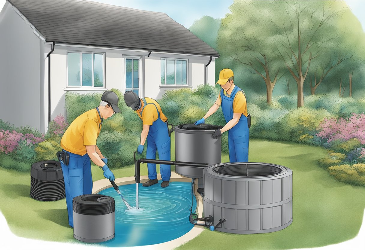 Aqua Pond Ltd technicians installing Oase pond filter, providing professional filter cleaning service