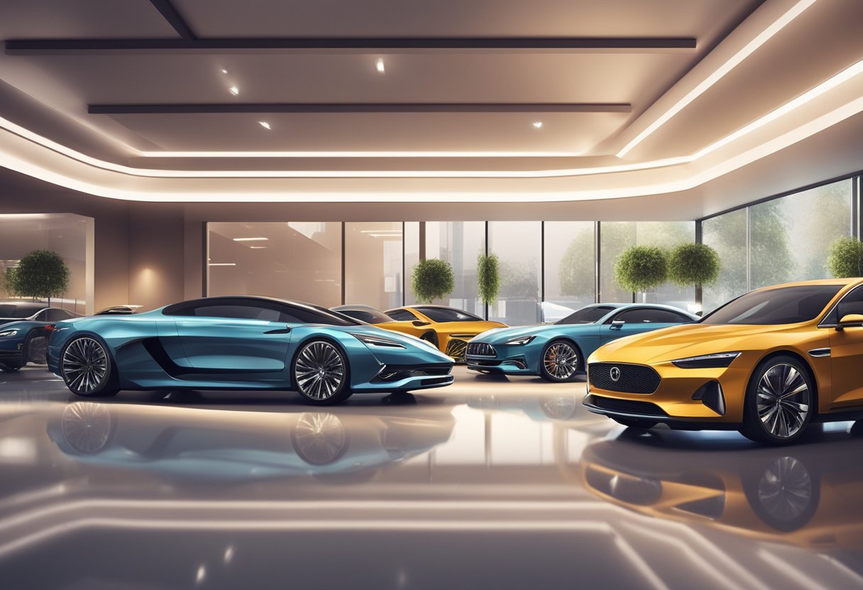 Best luxury cars to buy in 2024: top picks for style and performance 4 A sleek, modern luxury car showroom with rows of shiny vehicles, elegant interior design, and soft ambient lighting
