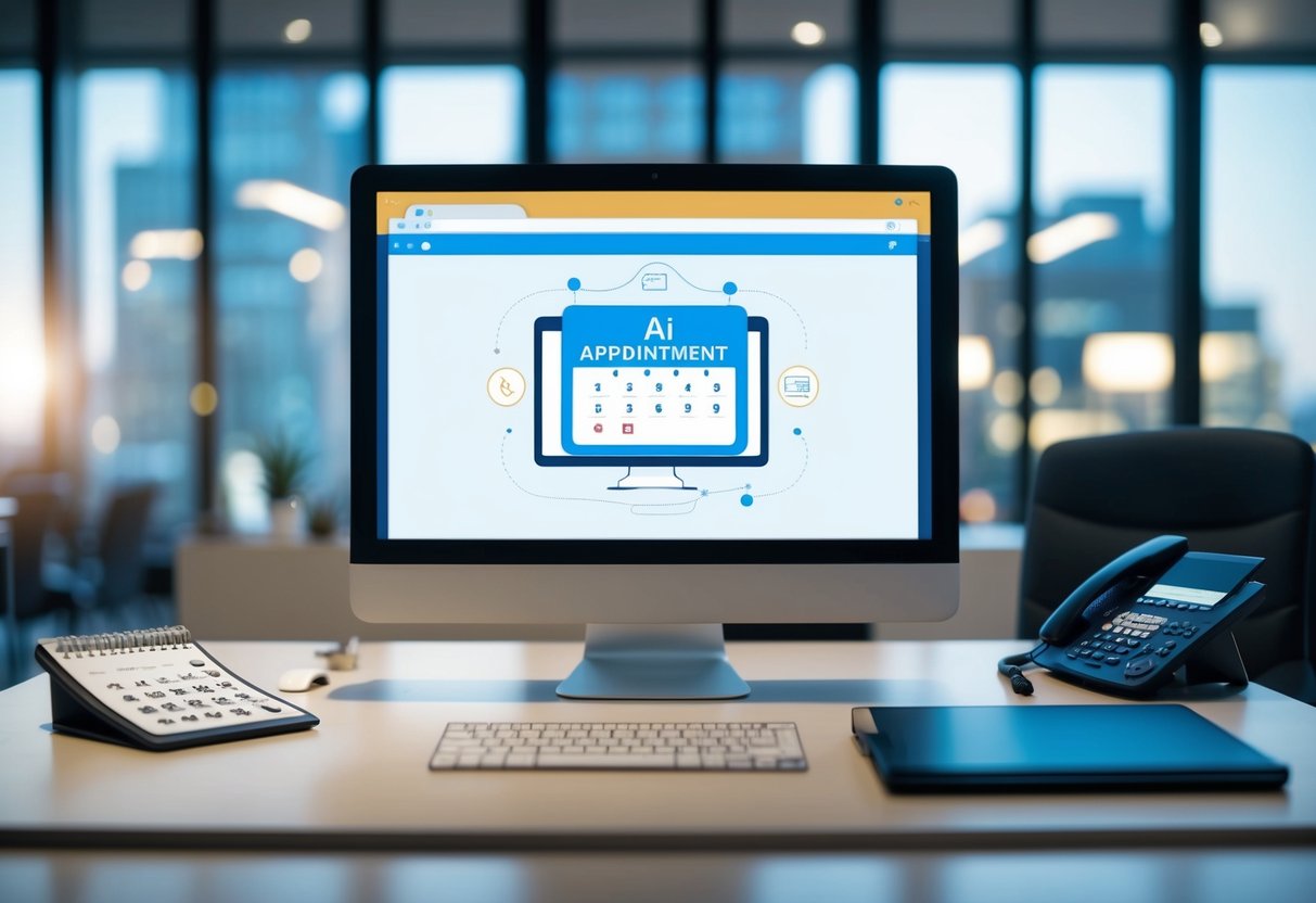 An office desk with a computer screen displaying an AI appointment setting software. A phone and calendar sit nearby, symbolizing business growth with AI technology