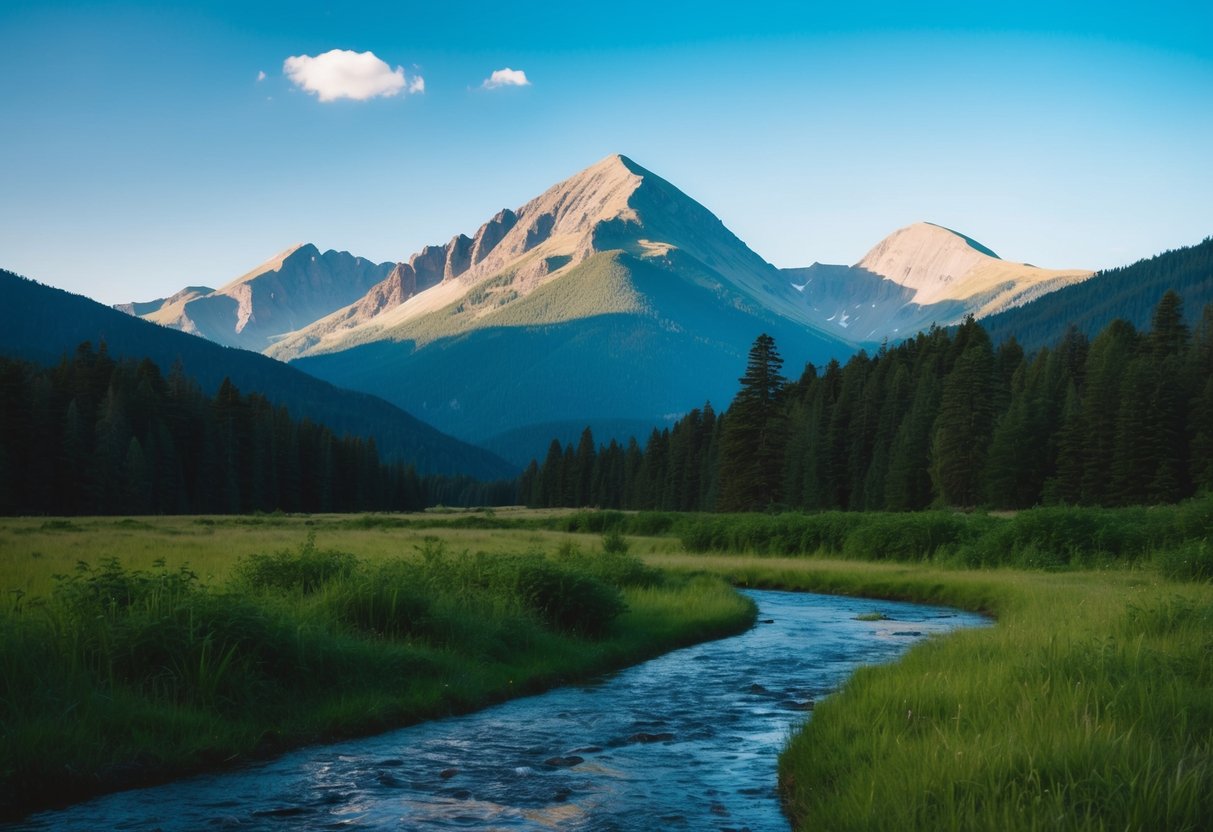 A serene mountain landscape with a clear, blue sky and a tranquil stream flowing through a lush forest