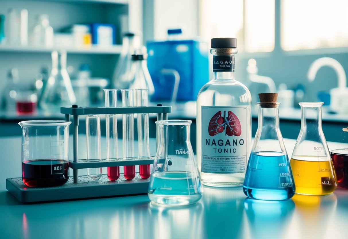 A laboratory setting with scientific equipment, test tubes, and beakers filled with liquid. A liver organ model and a bottle of Nagano tonic are displayed prominently