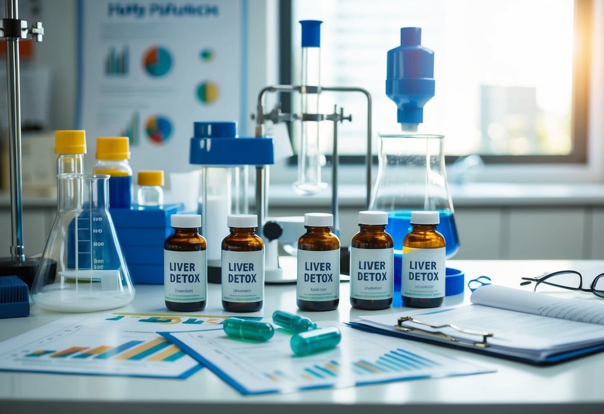 A laboratory table with various scientific equipment and bottles of liver detox supplements, surrounded by charts and research papers