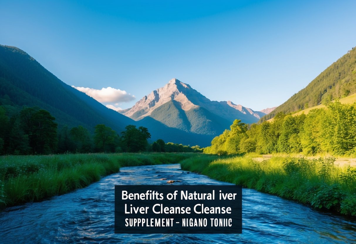 A serene mountain landscape with a flowing river, lush greenery, and a clear blue sky, showcasing the benefits of natural liver cleanse supplements like Nagano Tonic