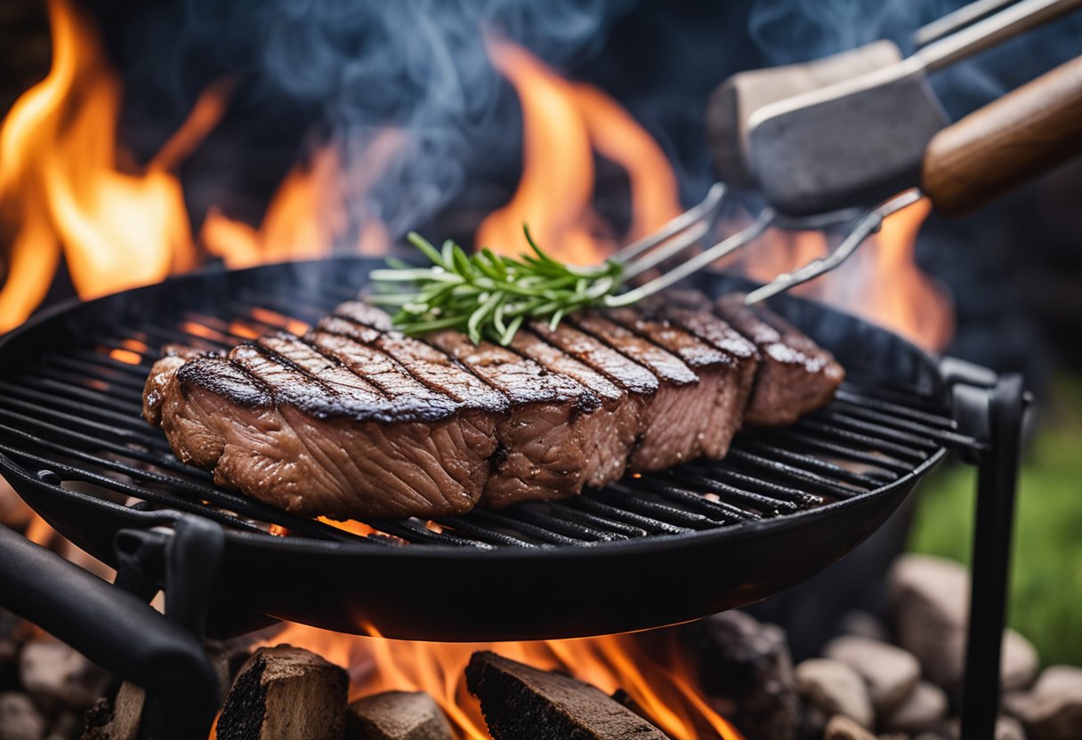 Uma suculenta picanha grelhando sobre brasas quentes, fumaça subindo no ar, cercada por um ambiente rústico de churrasco ao ar livre.