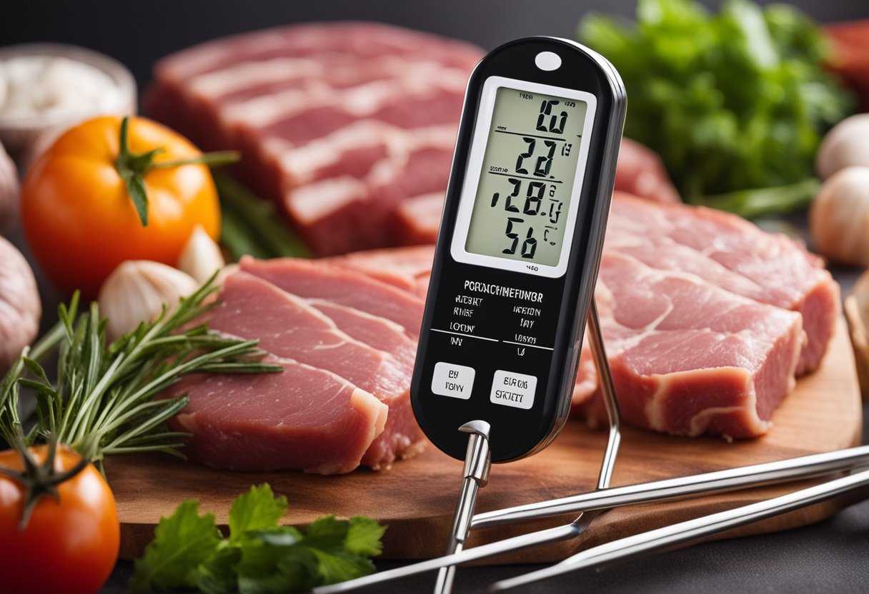 Um termômetro de carne digital com uma longa sonda de metal e um display digital, cercado por vários tipos de carne crua e uma tábua de corte