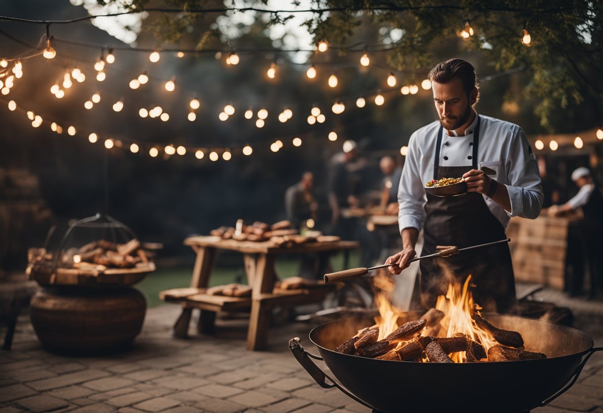 Um ambiente rústico ao ar livre com uma fogueira de madeira fumegante cercada por carnes penduradas e um chef cuidando do processo defumado e aromático de preparação dos alimentos.