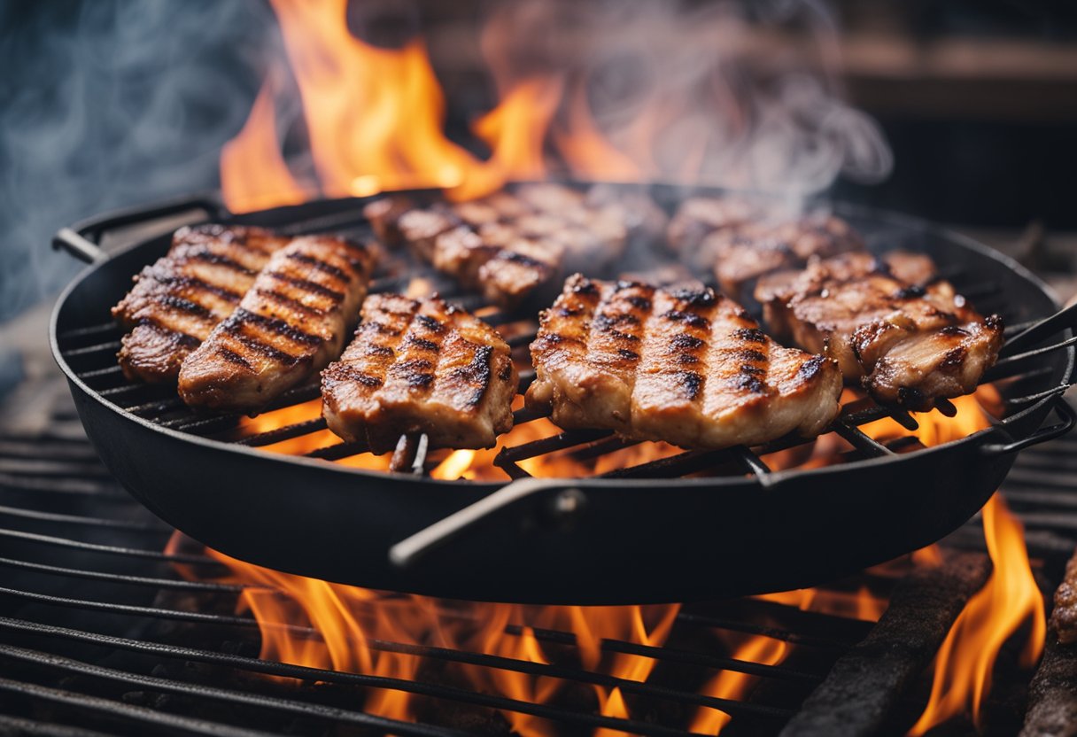 Um churrasco de porco chispeante em uma grelha quente, cercado por fumaça e chamas, com um aroma tentador pairando no ar