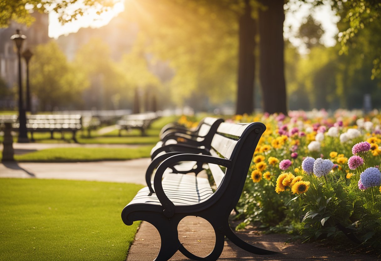 A row of empty memorial benches in a peaceful park setting, surrounded by trees and flowers