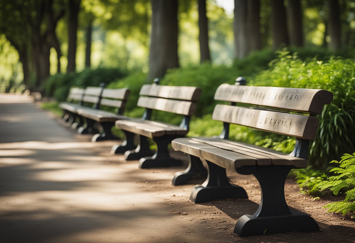 A row of weathered wooden benches surrounded by lush trees in a peaceful park setting. Each bench bears a plaque with inscriptions honoring loved ones