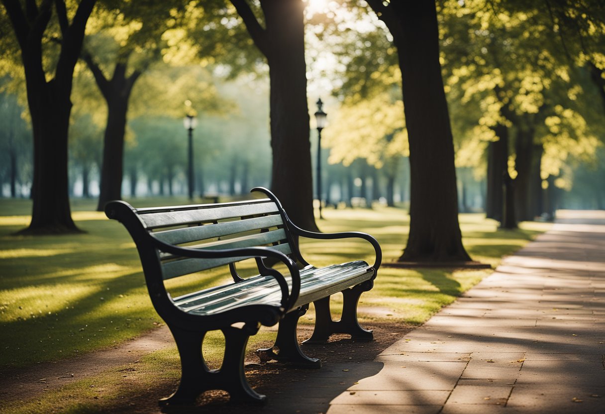 A serene park with empty memorial benches under a canopy of trees