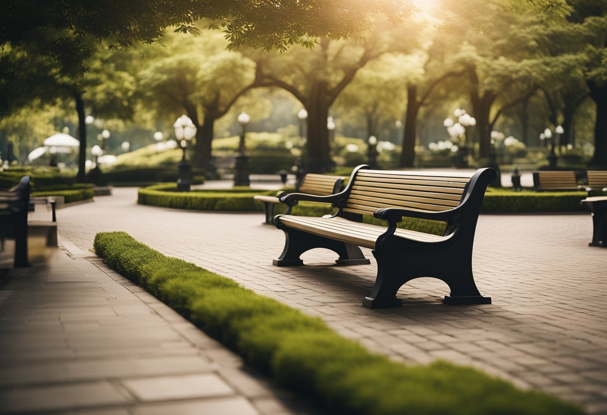 A serene park setting with several memorial benches surrounded by well-maintained landscaping and clear pathways