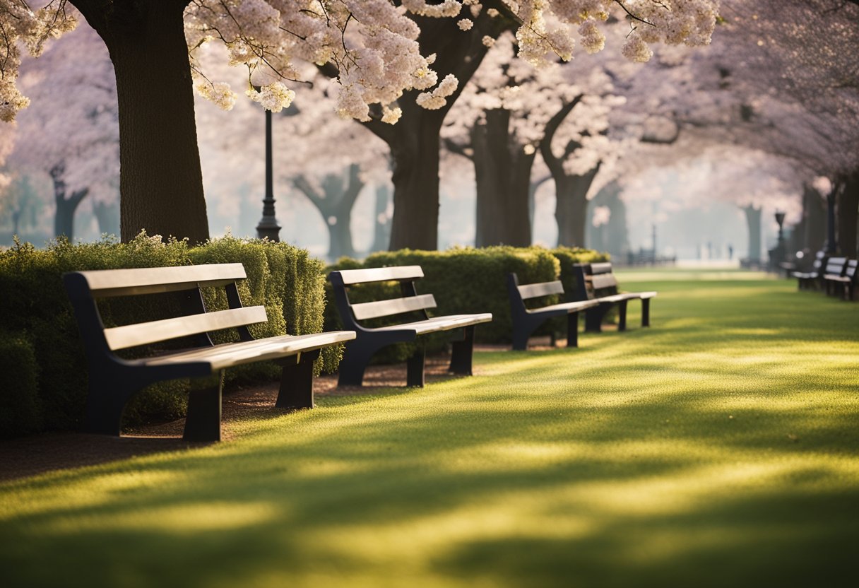 A serene park setting with a row of memorial benches surrounded by trees and flowers, with a peaceful and respectful atmosphere