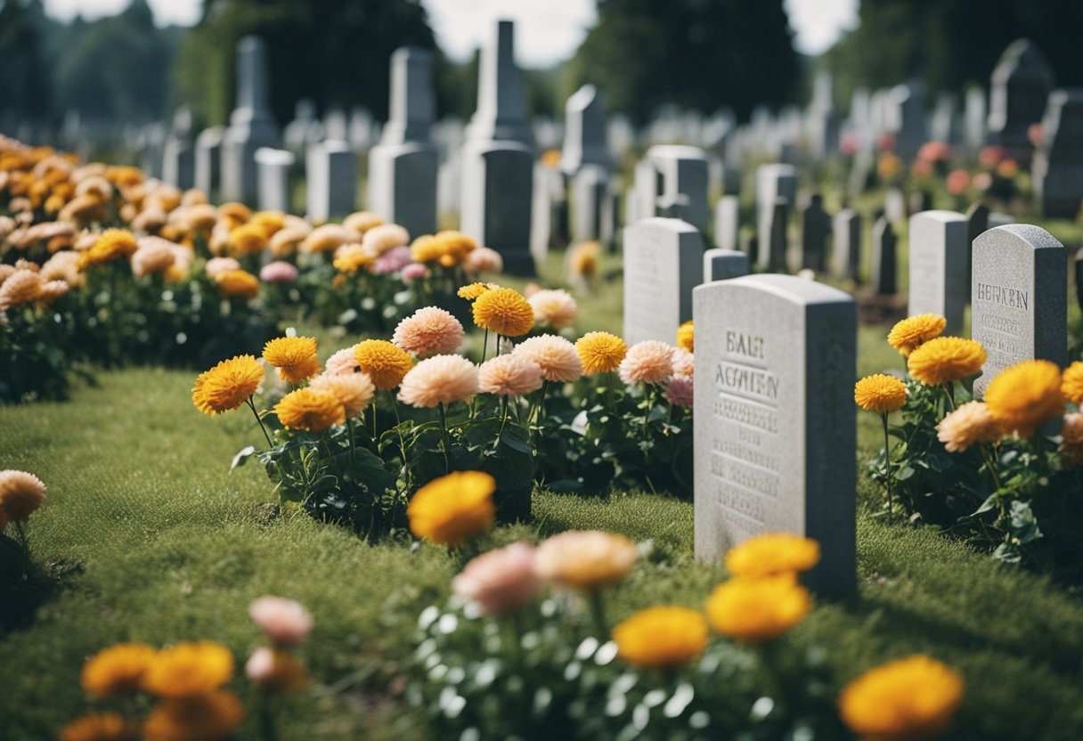 A serene cemetery with rows of traditional grave markers and flowers