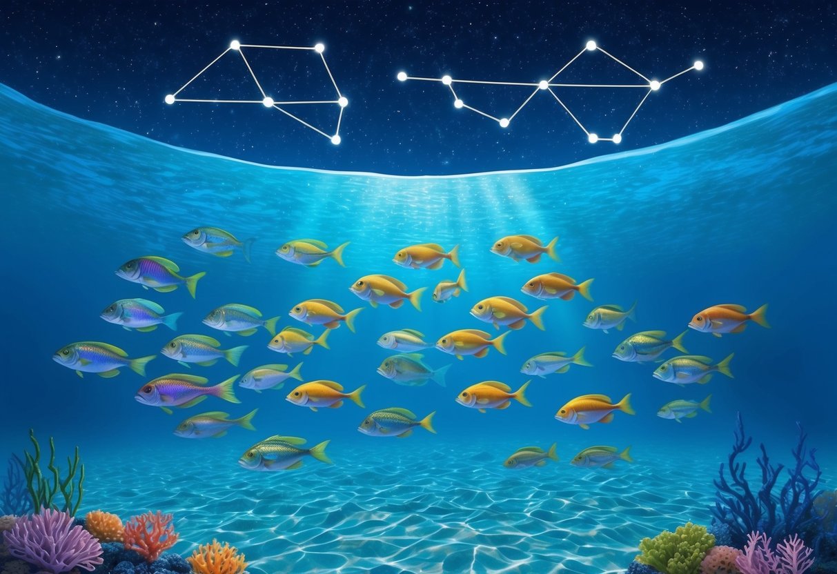 A school of colorful fish swimming gracefully through a clear, starlit underwater sky, with a constellation of Pisces and Aquarius above