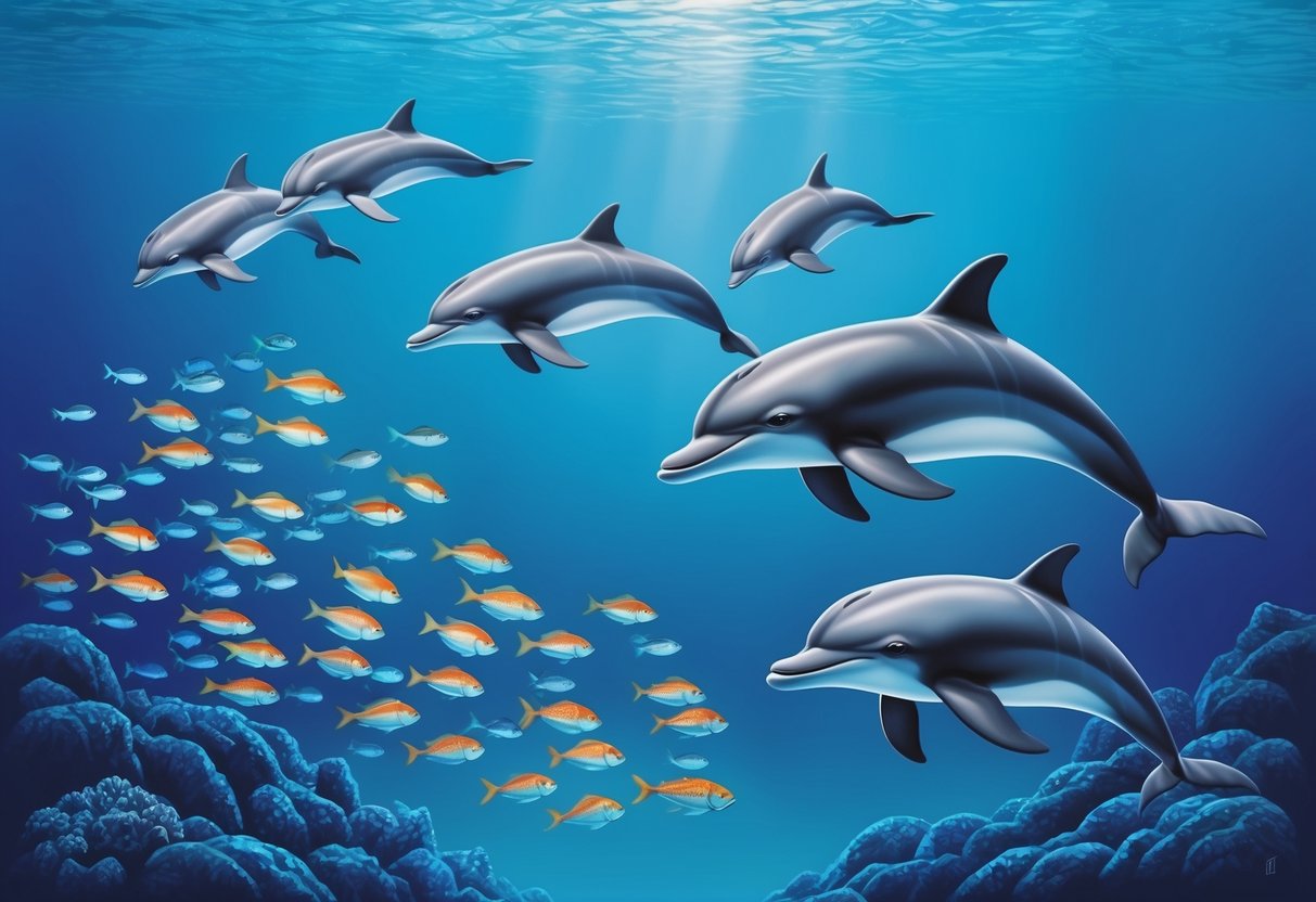 A tranquil underwater scene with a school of colorful fish swimming peacefully alongside a group of graceful dolphins