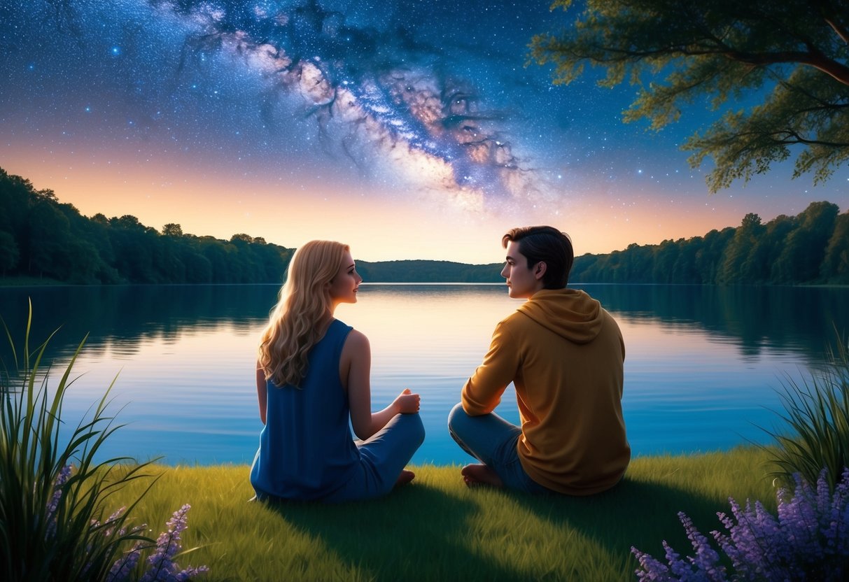 A Pisces and Aquarius gazing at the stars, sharing deep conversation by a tranquil lake