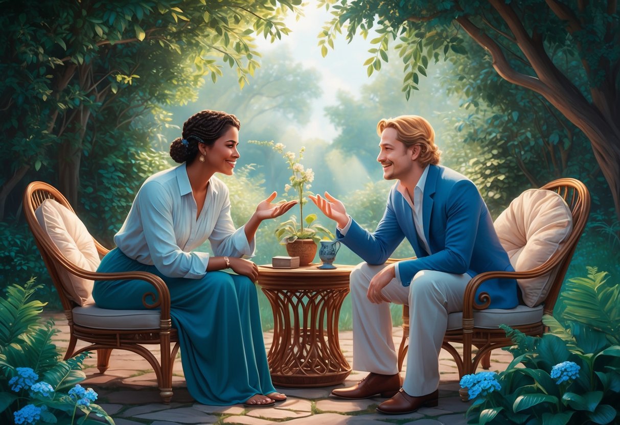 A Pisces and Aquarius sharing a cozy, intellectual conversation in a tranquil garden setting