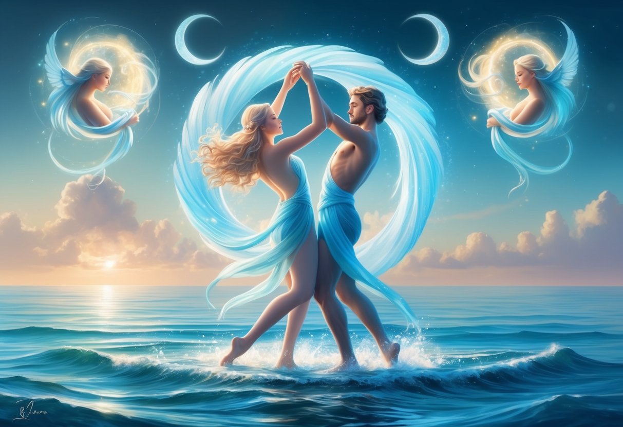 A tranquil ocean setting with two ethereal figures entwined in a dance, surrounded by celestial elements and a sense of serenity