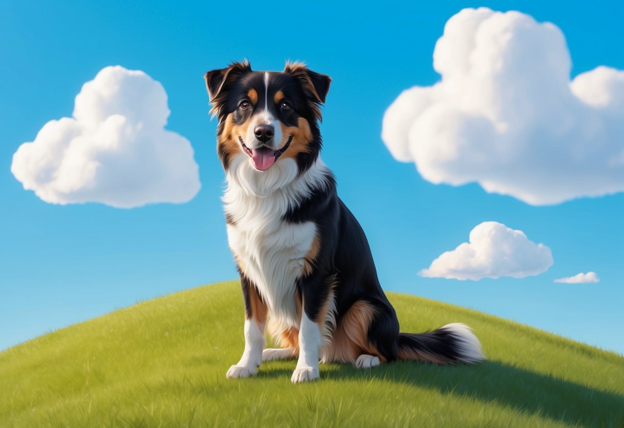 A Löwchen dog sitting on a grassy hill, with a bright blue sky and fluffy white clouds in the background