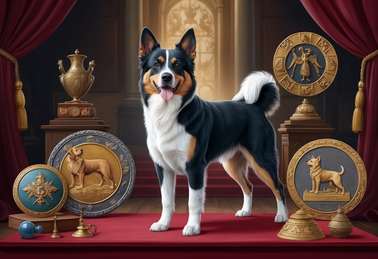 A Löwchen dog stands proudly in a regal setting, surrounded by historical artifacts and symbols of its origins