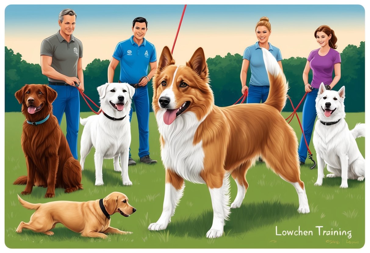 A Löwchen dog participating in obedience training surrounded by other dogs and their owners