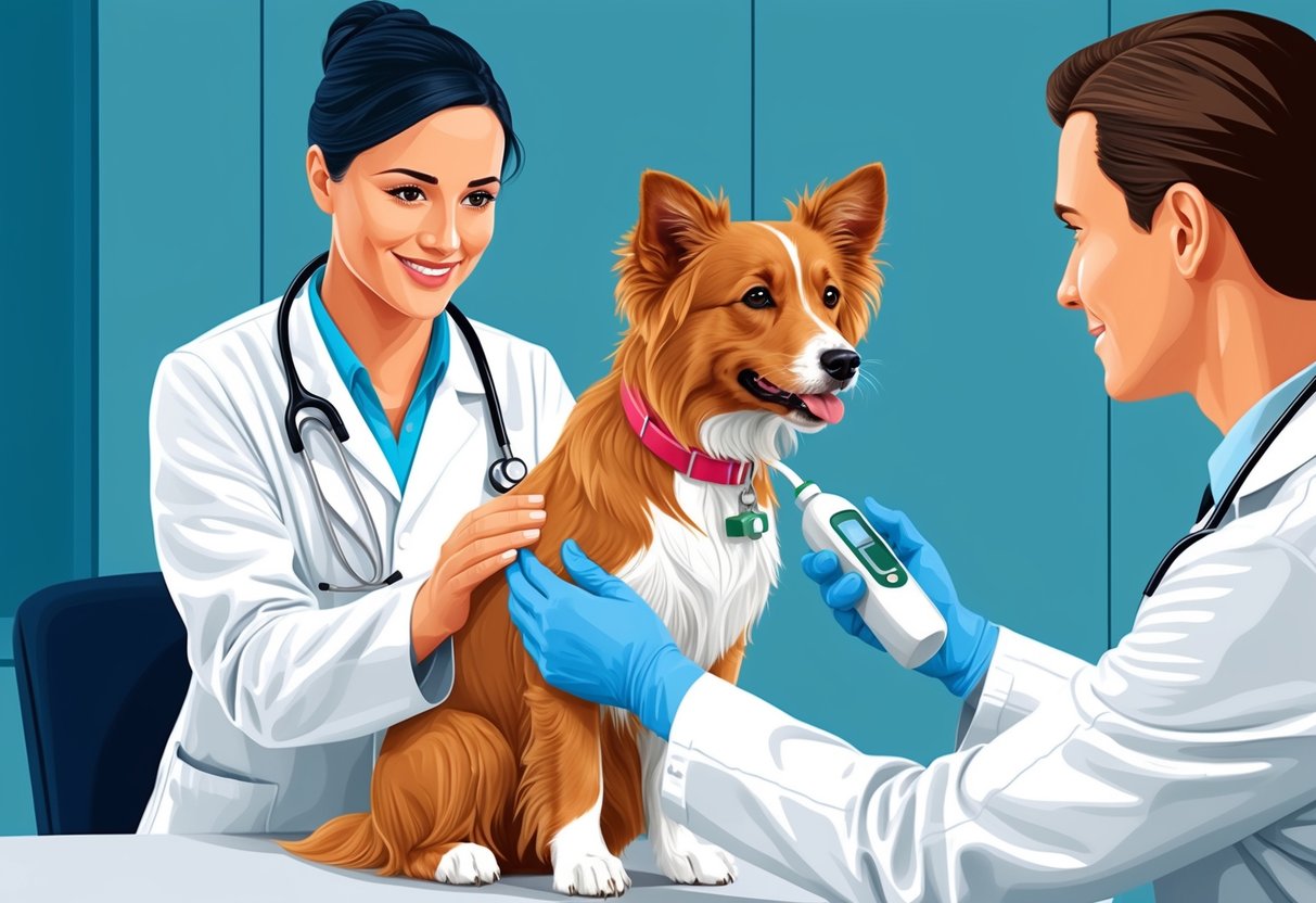 A Löwchen dog receiving a thorough health check from a veterinarian